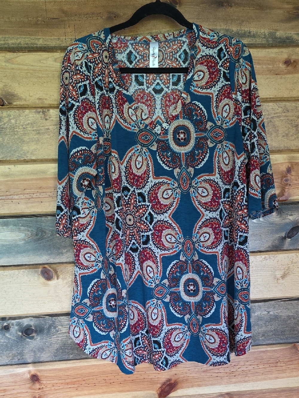 Printed V-Neck Women's Blouse in Teal and Burgundy